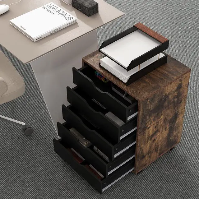 Alt view image 5 of 7 - 5 Drawers File Cabinet, Vertical Filing Cabinet w/ 2-Tone Design | Under Desk Mobile Storage Organizer, Office Storage Cabinet with Wheels, Ideal for Apartment, Home Office, Living Room
