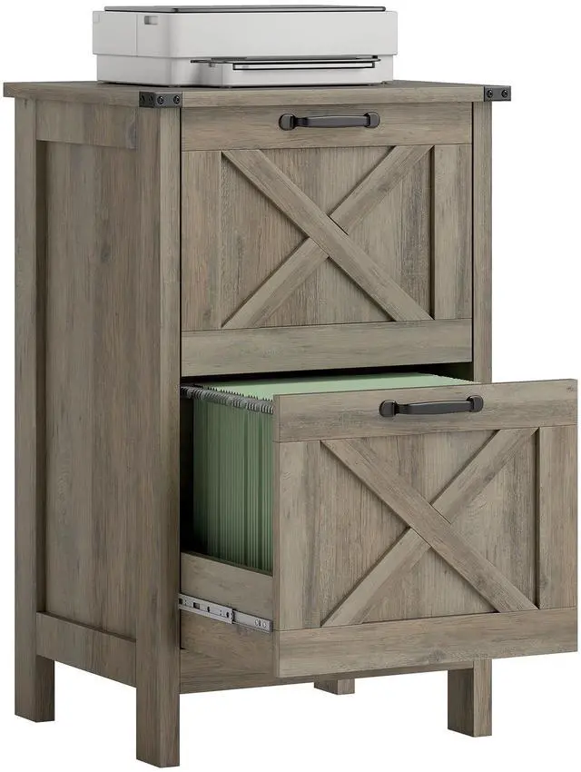 Main image of 2 Drawer Vertical File Cabinet, Silent Slides, Distressed Gray | Rustic Farmhouse, Filing Cabinet, Barn Doors, for A4/Letter Size, Printer Stand with Storage, for Home Office