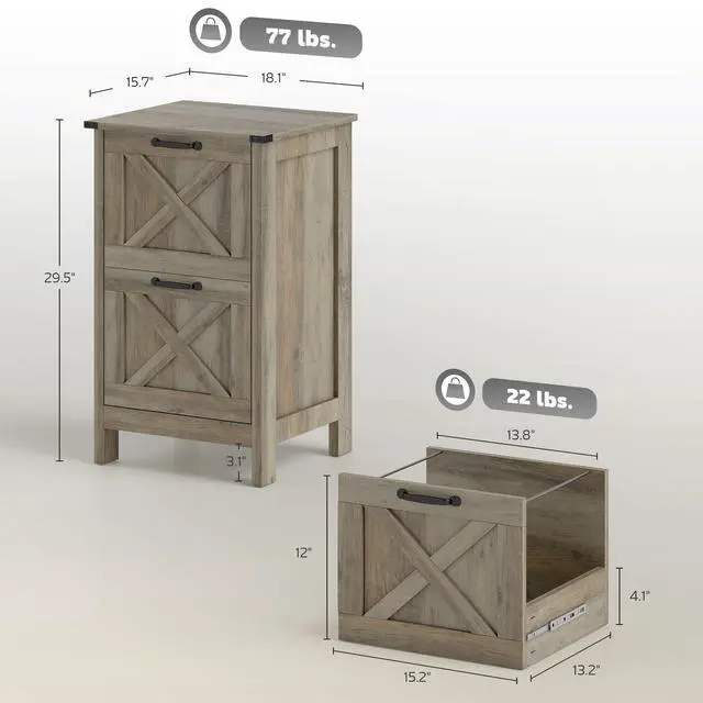 Alt view image 3 of 7 - 2 Drawer Vertical File Cabinet, Silent Slides, Distressed Gray | Rustic Farmhouse, Filing Cabinet, Barn Doors, for A4/Letter Size, Printer Stand with Storage, for Home Office