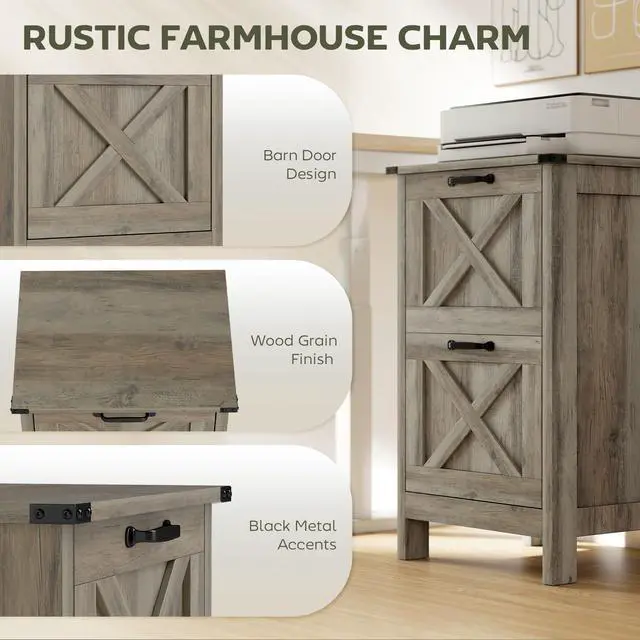 Alt view image 4 of 7 - 2 Drawer Vertical File Cabinet, Silent Slides, Distressed Gray | Rustic Farmhouse, Filing Cabinet, Barn Doors, for A4/Letter Size, Printer Stand with Storage, for Home Office