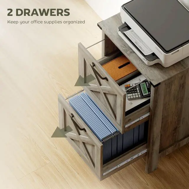 Alt view image 5 of 7 - 2 Drawer Vertical File Cabinet, Silent Slides, Distressed Gray | Rustic Farmhouse, Filing Cabinet, Barn Doors, for A4/Letter Size, Printer Stand with Storage, for Home Office