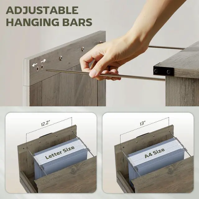Alt view image 6 of 7 - 2 Drawer Vertical File Cabinet, Silent Slides, Distressed Gray | Rustic Farmhouse, Filing Cabinet, Barn Doors, for A4/Letter Size, Printer Stand with Storage, for Home Office
