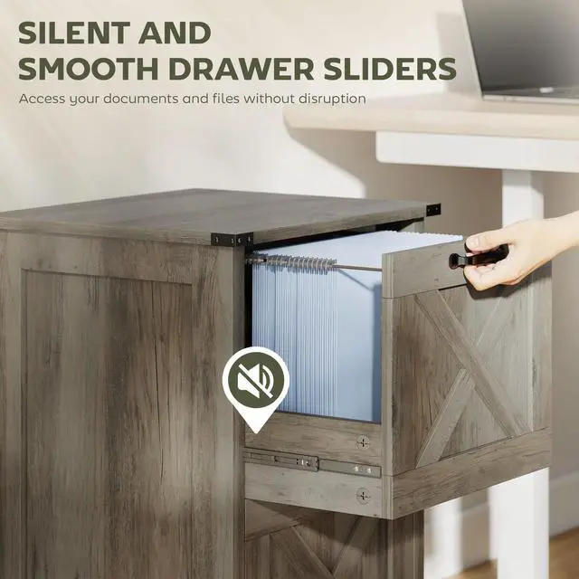 Alt view image 7 of 7 - 2 Drawer Vertical File Cabinet, Silent Slides, Distressed Gray | Rustic Farmhouse, Filing Cabinet, Barn Doors, for A4/Letter Size, Printer Stand with Storage, for Home Office
