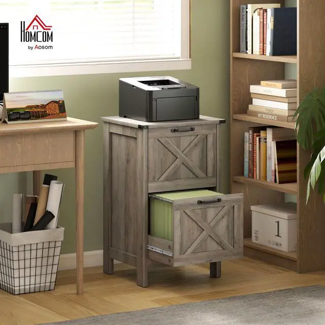 Alt view image 2 of 7 - 2 Drawer Vertical File Cabinet, Silent Slides, Distressed Gray | Rustic Farmhouse, Filing Cabinet, Barn Doors, for A4/Letter Size, Printer Stand with Storage, for Home Office