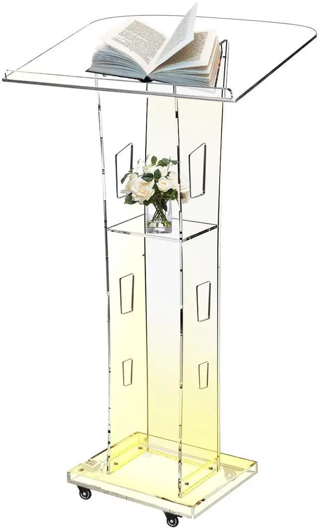 Main image of Acrylic Podiums for Church with 4 Wheels, 43 Clear Pulpit for Churches with Storage Shelf, Modern Lectern with 15 Colors Adjustable for Classroom, Conference, Wedding