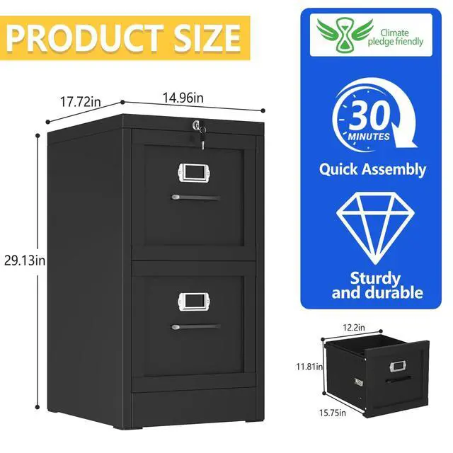 Alt view image 3 of 7 - Metal Vertical File Cabinet with Lock, Home Office File Cabinet | 2 Drawer Under Desk Cabinet, Metal Filing Cabinet, Black Lockable Storage Cabinet, Fits Letter/Legal/A4 Size