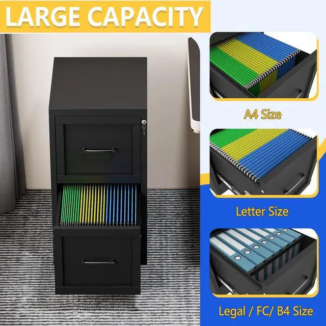 Alt view image 5 of 7 - Metal Vertical File Cabinet with Lock, Home Office File Cabinet | 2 Drawer Under Desk Cabinet, Metal Filing Cabinet, Black Lockable Storage Cabinet, Fits Letter/Legal/A4 Size