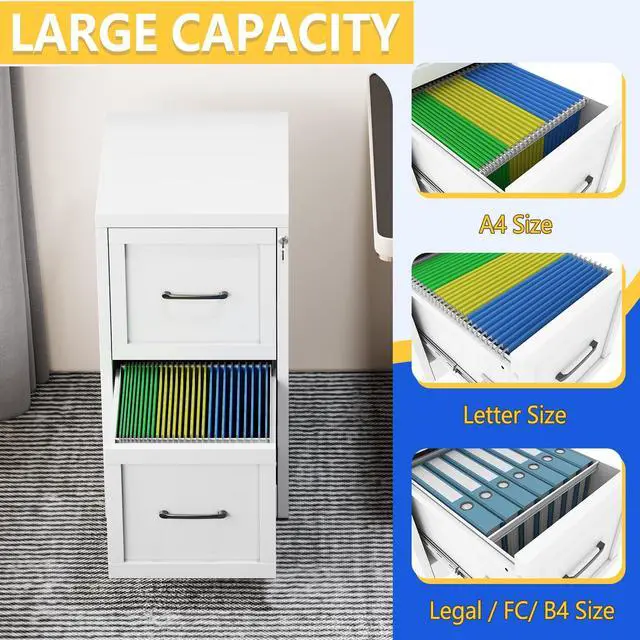 Alt view image 4 of 7 - Metal Vertical File Cabinet with Lock, Locked Under Desk Cabinet | 2 Drawer Filing Cabinet for Home Office, Metal Filing Cabinet, White Lockable Storage Cabinet, Fits Letter/Legal/A4 Size