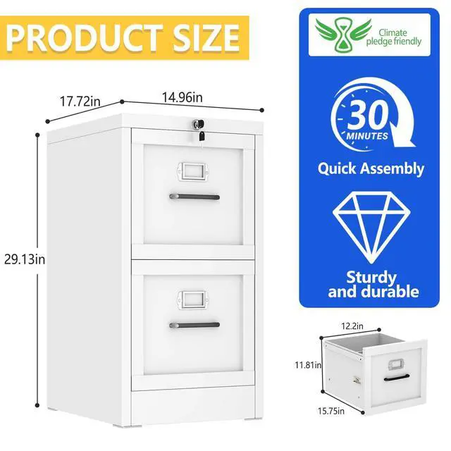 Alt view image 3 of 7 - Metal Vertical File Cabinet with Lock, Locked Under Desk Cabinet | 2 Drawer Filing Cabinet for Home Office, Metal Filing Cabinet, White Lockable Storage Cabinet, Fits Letter/Legal/A4 Size