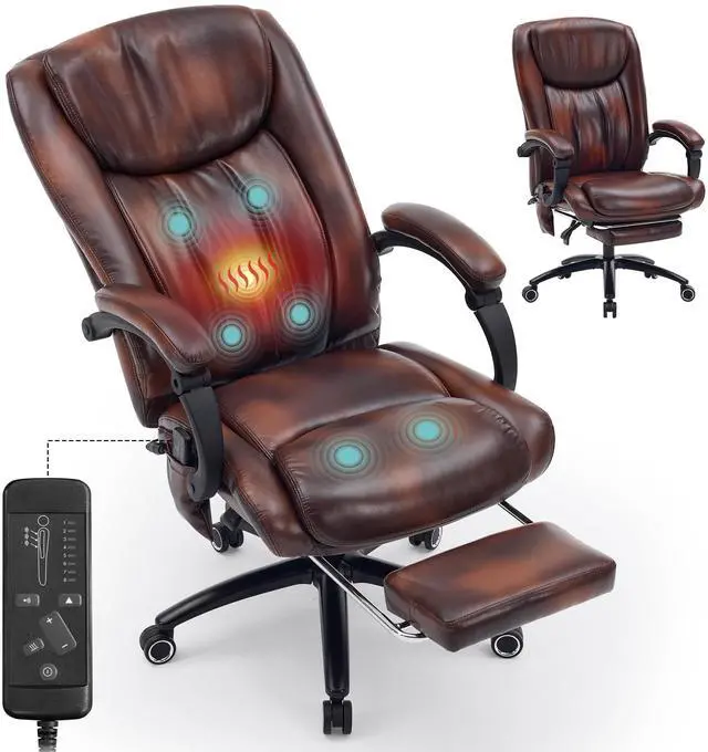 Main image of Massage Office Chair with Heat and Foot Rest, Brown | 6-Point Vibration and Heat, 95°-135°Recline, 400LBS Capacity, High Back PU Leather Comfy Office Chair for Home Office Gaming