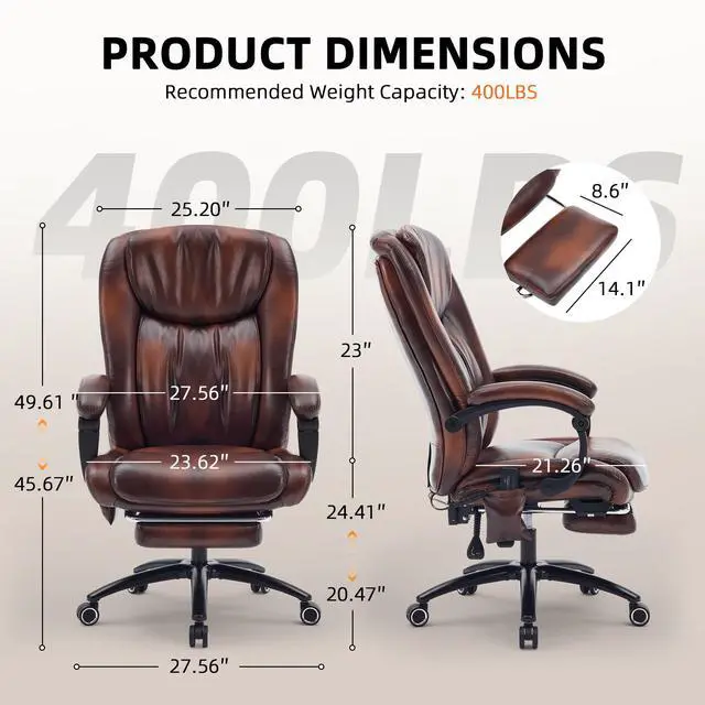 Alt view image 3 of 7 - Massage Office Chair with Heat and Foot Rest, Brown | 6-Point Vibration and Heat, 95°-135°Recline, 400LBS Capacity, High Back PU Leather Comfy Office Chair for Home Office Gaming