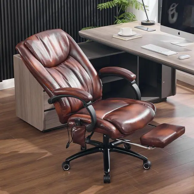 Alt view image 2 of 7 - Massage Office Chair with Heat and Foot Rest, Brown | 6-Point Vibration and Heat, 95°-135°Recline, 400LBS Capacity, High Back PU Leather Comfy Office Chair for Home Office Gaming