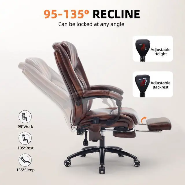 Alt view image 5 of 7 - Massage Office Chair with Heat and Foot Rest, Brown | 6-Point Vibration and Heat, 95°-135°Recline, 400LBS Capacity, High Back PU Leather Comfy Office Chair for Home Office Gaming