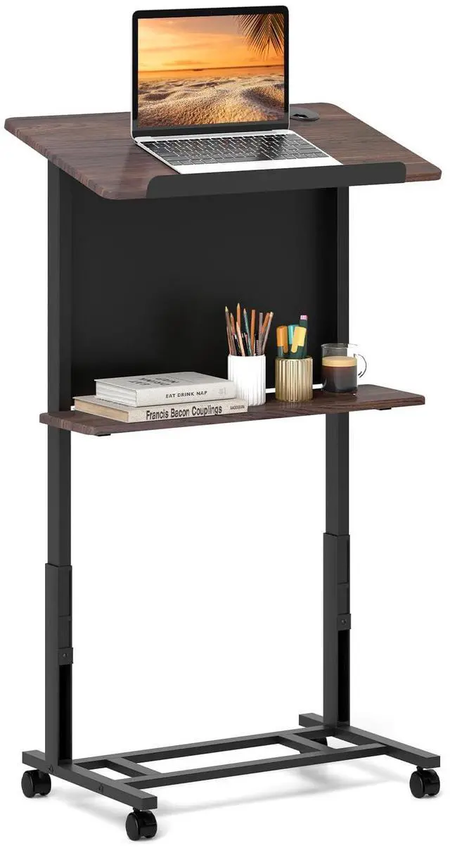 Main image of Rolling Podium Stand, 3-Position Height Adjustable Lectern Table with Tilted Tabletop, Mobile Laptop Cart with Storage Shelf, Lockable Casters, Ideal for Classroom, Office (1, Walnut)