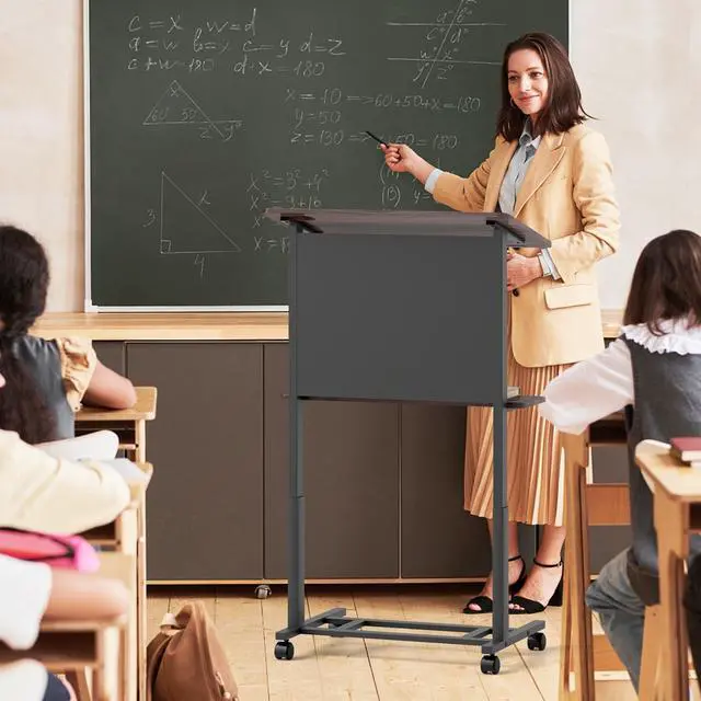 Alt view image 2 of 7 - Rolling Podium Stand, 3-Position Height Adjustable Lectern Table with Tilted Tabletop, Mobile Laptop Cart with Storage Shelf, Lockable Casters, Ideal for Classroom, Office (1, Walnut)