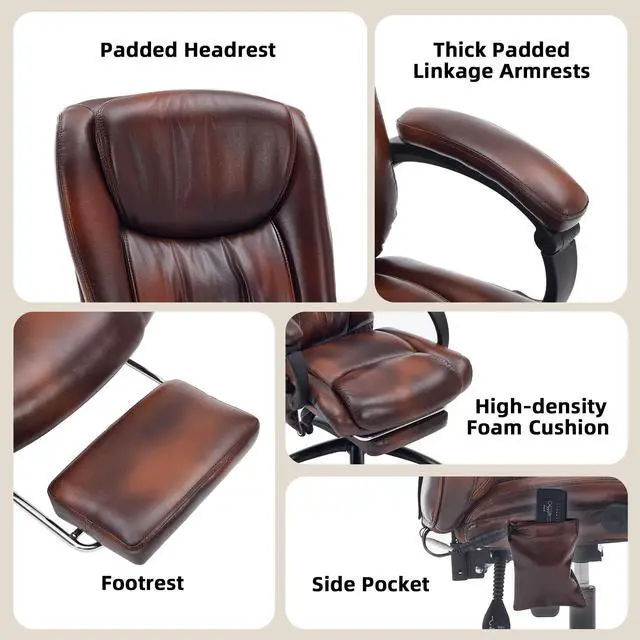 Alt view image 7 of 7 - Massage Office Chair with Heat and Foot Rest, Brown | 6-Point Vibration and Heat, 95°-135°Recline, 400LBS Capacity, High Back PU Leather Comfy Office Chair for Home Office Gaming