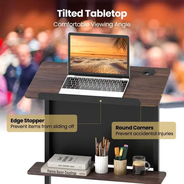 Alt view image 5 of 7 - Rolling Podium Stand, 3-Position Height Adjustable Lectern Table with Tilted Tabletop, Mobile Laptop Cart with Storage Shelf, Lockable Casters, Ideal for Classroom, Office (1, Walnut)