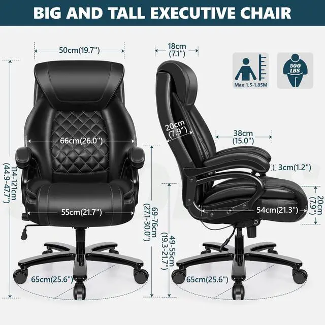 Alt view image 2 of 7 - Big and Tall 500lbs Office Chair,Heavy Duty Large PU Leather Executive Desk Chair with Wide Seat, Adjustbale Ergonomic Lumbar Support High Back Rocking Computer Chair for Heavy People