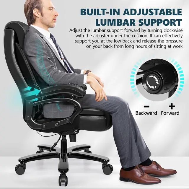 Alt view image 3 of 7 - Big and Tall 500lbs Office Chair,Heavy Duty Large PU Leather Executive Desk Chair with Wide Seat, Adjustbale Ergonomic Lumbar Support High Back Rocking Computer Chair for Heavy People