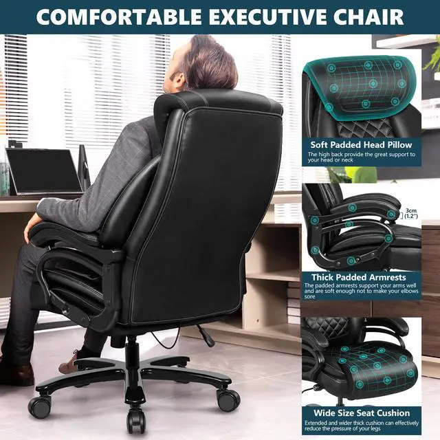 Alt view image 4 of 7 - Big and Tall 500lbs Office Chair,Heavy Duty Large PU Leather Executive Desk Chair with Wide Seat, Adjustbale Ergonomic Lumbar Support High Back Rocking Computer Chair for Heavy People