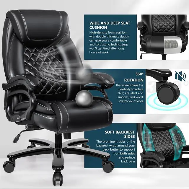 Alt view image 5 of 7 - Big and Tall 500lbs Office Chair,Heavy Duty Large PU Leather Executive Desk Chair with Wide Seat, Adjustbale Ergonomic Lumbar Support High Back Rocking Computer Chair for Heavy People