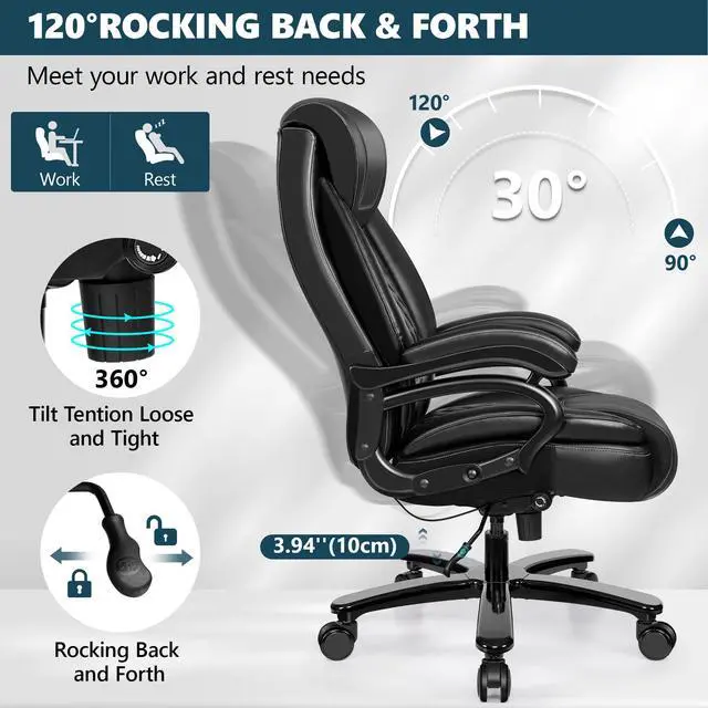 Alt view image 6 of 7 - Big and Tall 500lbs Office Chair,Heavy Duty Large PU Leather Executive Desk Chair with Wide Seat, Adjustbale Ergonomic Lumbar Support High Back Rocking Computer Chair for Heavy People