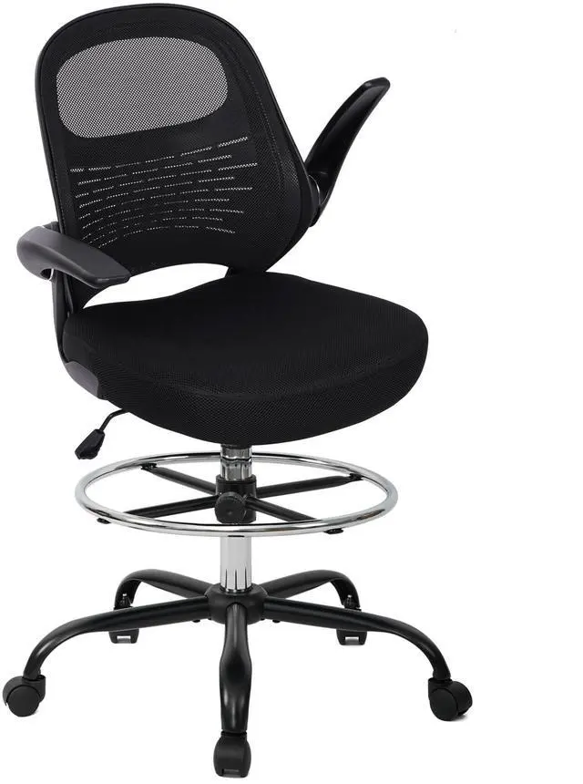 Main image of Drafting Chair Tall Office Chair with Flip-Up Armrests Ergonomic Computer Chair with Lumbar Support Adjustable Footrest Ring Mesh Standing Desk Chair (Black)