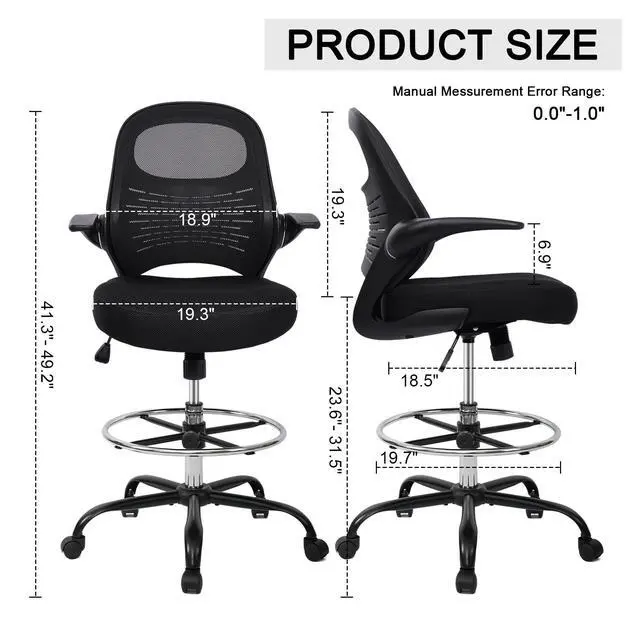 Alt view image 2 of 7 - Drafting Chair Tall Office Chair with Flip-Up Armrests Ergonomic Computer Chair with Lumbar Support Adjustable Footrest Ring Mesh Standing Desk Chair (Black)