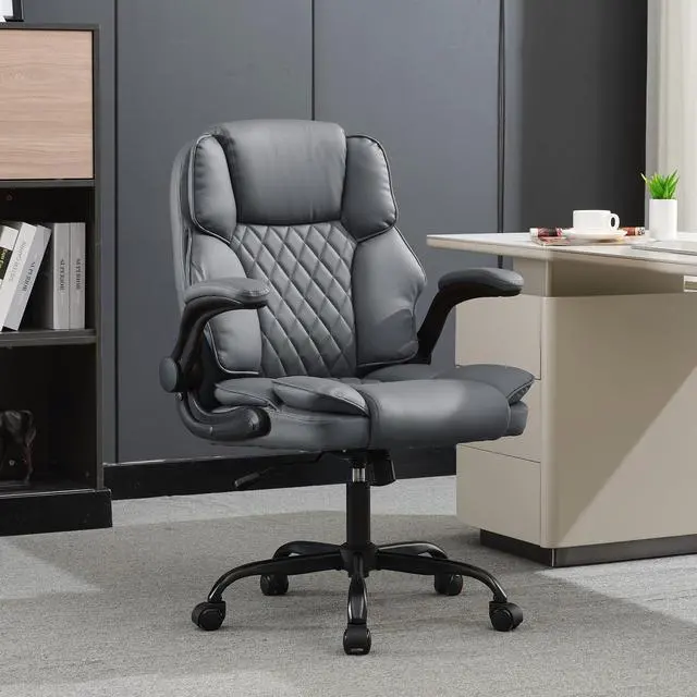 Main image of Office Desk Chair,Mid Back Executive Leather Chair,Ergonomic Home Computer Chair,Modern Conference Room Chairs with Adjustable Flip-Up Arms and Rocking Function (Grey)