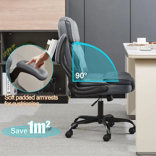 Alt view image 3 of 7 - Office Desk Chair,Mid Back Executive Leather Chair,Ergonomic Home Computer Chair,Modern Conference Room Chairs with Adjustable Flip-Up Arms and Rocking Function (Grey)