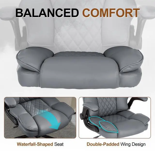 Alt view image 4 of 7 - Office Desk Chair,Mid Back Executive Leather Chair,Ergonomic Home Computer Chair,Modern Conference Room Chairs with Adjustable Flip-Up Arms and Rocking Function (Grey)