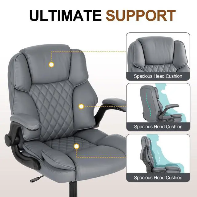 Alt view image 6 of 7 - Office Desk Chair,Mid Back Executive Leather Chair,Ergonomic Home Computer Chair,Modern Conference Room Chairs with Adjustable Flip-Up Arms and Rocking Function (Grey)