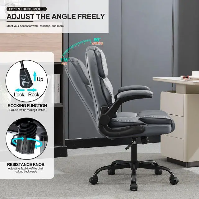 Alt view image 5 of 7 - Office Desk Chair,Mid Back Executive Leather Chair,Ergonomic Home Computer Chair,Modern Conference Room Chairs with Adjustable Flip-Up Arms and Rocking Function (Grey)