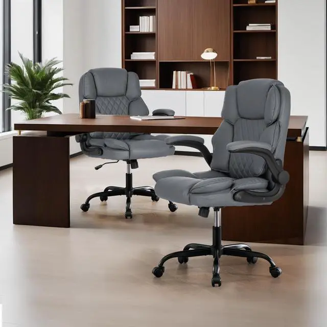Alt view image 7 of 7 - Office Desk Chair,Mid Back Executive Leather Chair,Ergonomic Home Computer Chair,Modern Conference Room Chairs with Adjustable Flip-Up Arms and Rocking Function (Grey)