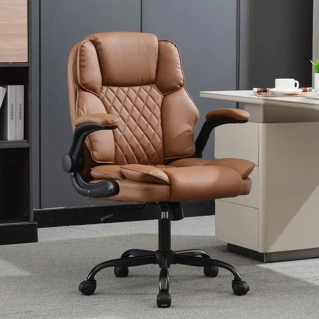 Main image of Office Desk Chair,Mid Back Executive Leather Chair,Ergonomic Home Computer Chair,Modern Conference Room Chairs with Adjustable Flip-Up Arms and Rocking Function (Brown)