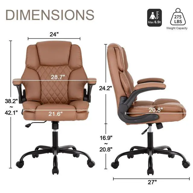Alt view image 2 of 7 - Office Desk Chair,Mid Back Executive Leather Chair,Ergonomic Home Computer Chair,Modern Conference Room Chairs with Adjustable Flip-Up Arms and Rocking Function (Brown)