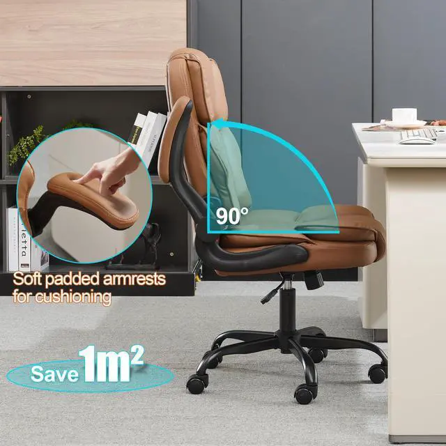 Alt view image 3 of 7 - Office Desk Chair,Mid Back Executive Leather Chair,Ergonomic Home Computer Chair,Modern Conference Room Chairs with Adjustable Flip-Up Arms and Rocking Function (Brown)