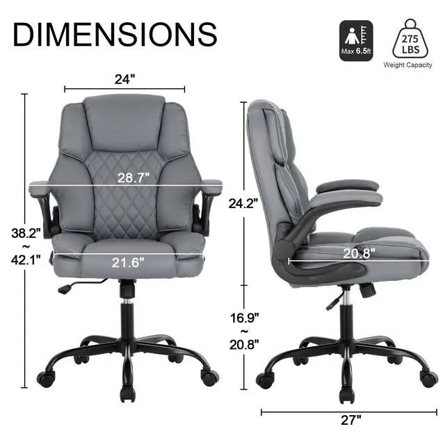 Alt view image 2 of 7 - Office Desk Chair,Mid Back Executive Leather Chair,Ergonomic Home Computer Chair,Modern Conference Room Chairs with Adjustable Flip-Up Arms and Rocking Function (Grey)