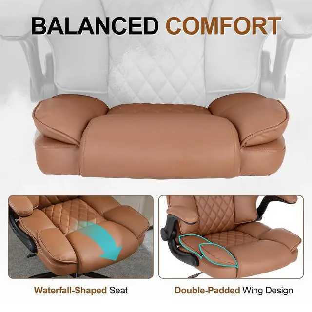 Alt view image 4 of 7 - Office Desk Chair,Mid Back Executive Leather Chair,Ergonomic Home Computer Chair,Modern Conference Room Chairs with Adjustable Flip-Up Arms and Rocking Function (Brown)