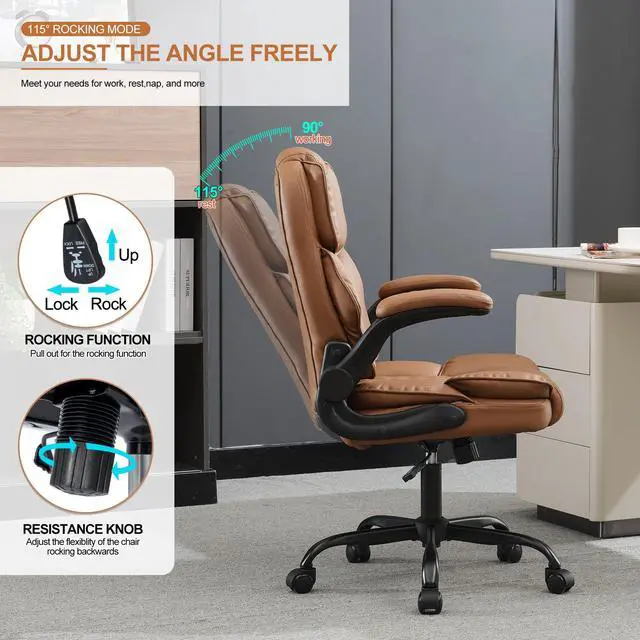 Alt view image 5 of 7 - Office Desk Chair,Mid Back Executive Leather Chair,Ergonomic Home Computer Chair,Modern Conference Room Chairs with Adjustable Flip-Up Arms and Rocking Function (Brown)