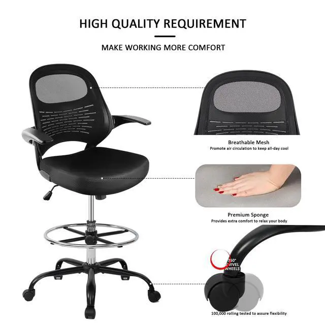 Alt view image 6 of 7 - Drafting Chair Tall Office Chair with Flip-Up Armrests Ergonomic Computer Chair with Lumbar Support Adjustable Footrest Ring Mesh Standing Desk Chair (Black)