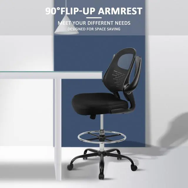 Alt view image 4 of 7 - Drafting Chair Tall Office Chair with Flip-Up Armrests Ergonomic Computer Chair with Lumbar Support Adjustable Footrest Ring Mesh Standing Desk Chair (Black)