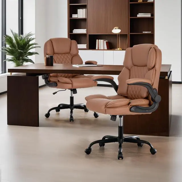Alt view image 6 of 7 - Office Desk Chair,Mid Back Executive Leather Chair,Ergonomic Home Computer Chair,Modern Conference Room Chairs with Adjustable Flip-Up Arms and Rocking Function (Brown)