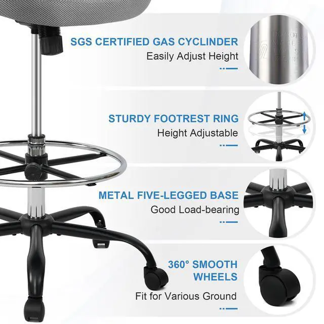Alt view image 5 of 7 - Drafting Chair Tall Office Chair with Flip-Up Armrests Ergonomic Computer Chair with Lumbar Support Adjustable Footrest Ring Mesh Standing Desk Chair (Black)