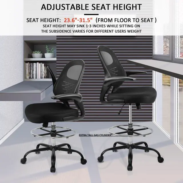 Alt view image 7 of 7 - Drafting Chair Tall Office Chair with Flip-Up Armrests Ergonomic Computer Chair with Lumbar Support Adjustable Footrest Ring Mesh Standing Desk Chair (Black)