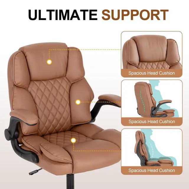 Alt view image 7 of 7 - Office Desk Chair,Mid Back Executive Leather Chair,Ergonomic Home Computer Chair,Modern Conference Room Chairs with Adjustable Flip-Up Arms and Rocking Function (Brown)