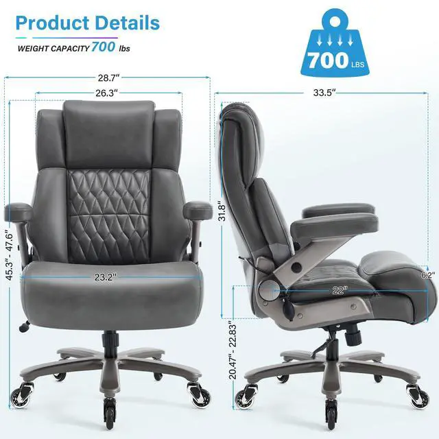 Alt view image 3 of 7 - Big and Tall 700lbs Office Chair - Adjustable Lumbar Support 3D Flip Arms Heavy Duty Metal Base&Wheels, High Back Large Executive Computer Desk Chair, Thick Padded Ergonomic Design for Back Pain