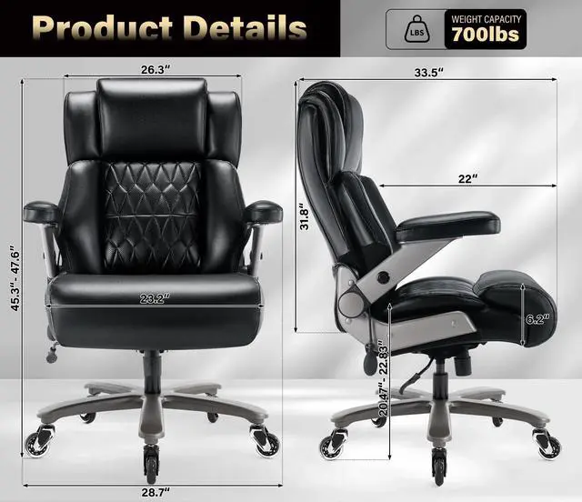 Alt view image 3 of 7 - 700lbs Big and Tall Office Chair - Heavy Duty Executive Chair | Dynamic inflatable lumbar support; Anti-flattening spring cushion; Breathable Tech-Leather fabric; Zero-wobble metal base