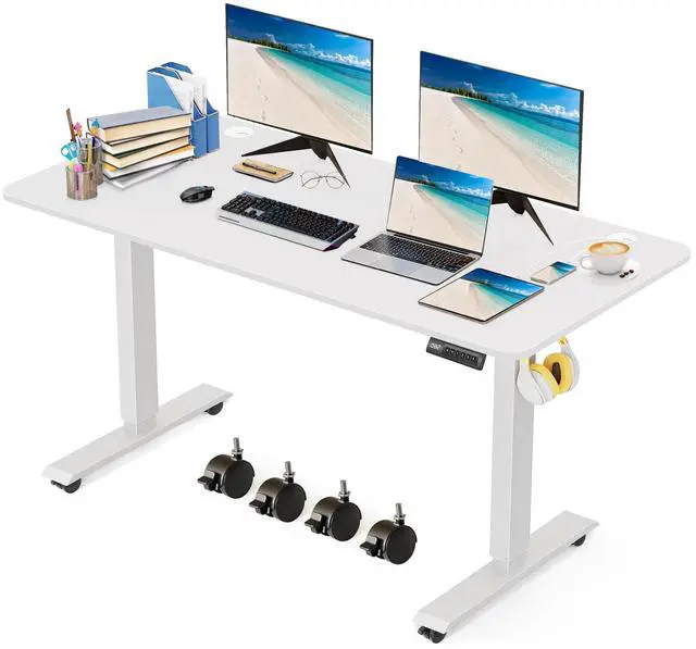 Main image of Electric Standing Desk 63 x 24 Inches Adjustable Height Sit Stand Up Desk for Home Office Computer Workstation Memory Preset with Wheels, White