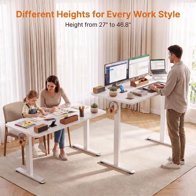 Alt view image 2 of 7 - Electric Standing Desk 63 x 24 Inches Adjustable Height Sit Stand Up Desk for Home Office Computer Workstation Memory Preset with Wheels, White